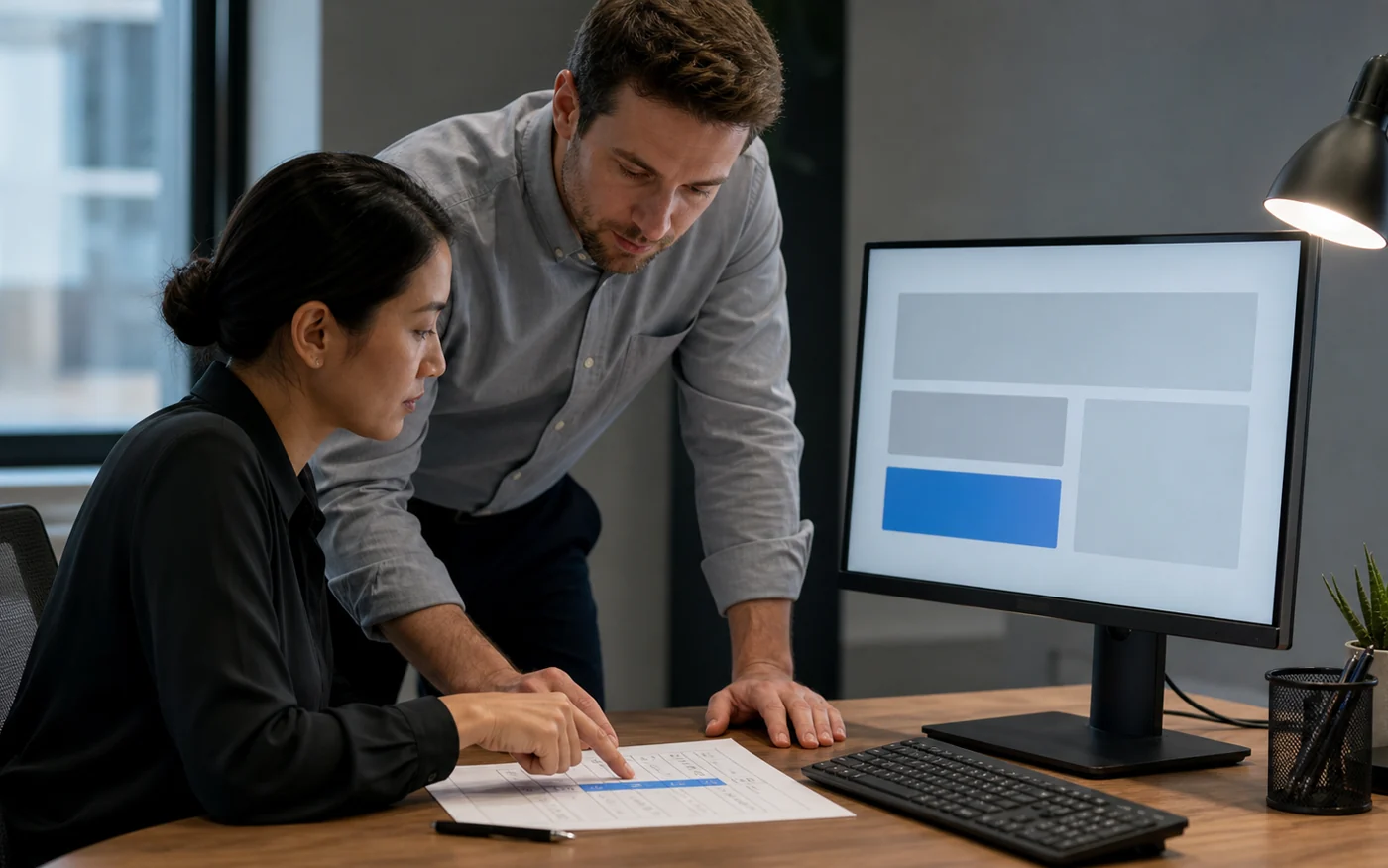Representative human handoff scene with two operators reviewing a commercial workflow