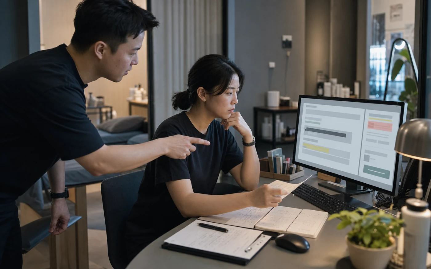 Representative human handoff scene with two operators reviewing a commercial workflow