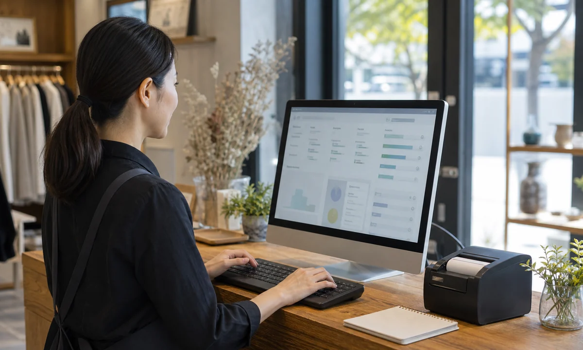 Representative service-commerce operator viewing a point-of-sale display from a physically consistent over-the-shoulder perspective